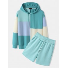 Mens Color Block Patchwork Hoodie Loose Preppy Two Pieces Outfits