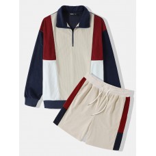 Mens Color Block Patchwork Half Zip Sweatshirt Corduroy Two Pieces Outfits