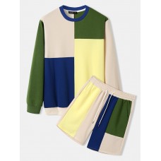 Mens Color Block Patchwork Crew Neck Sweatshirt Loose Two Pieces Outfits