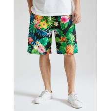 Mens Tropical Pineapple Print Holiday Mid Length Drawstring Shorts