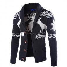 Mens Christmas Casual Turndown Collar Quality Deer Coat Knit Cardigan Sweater